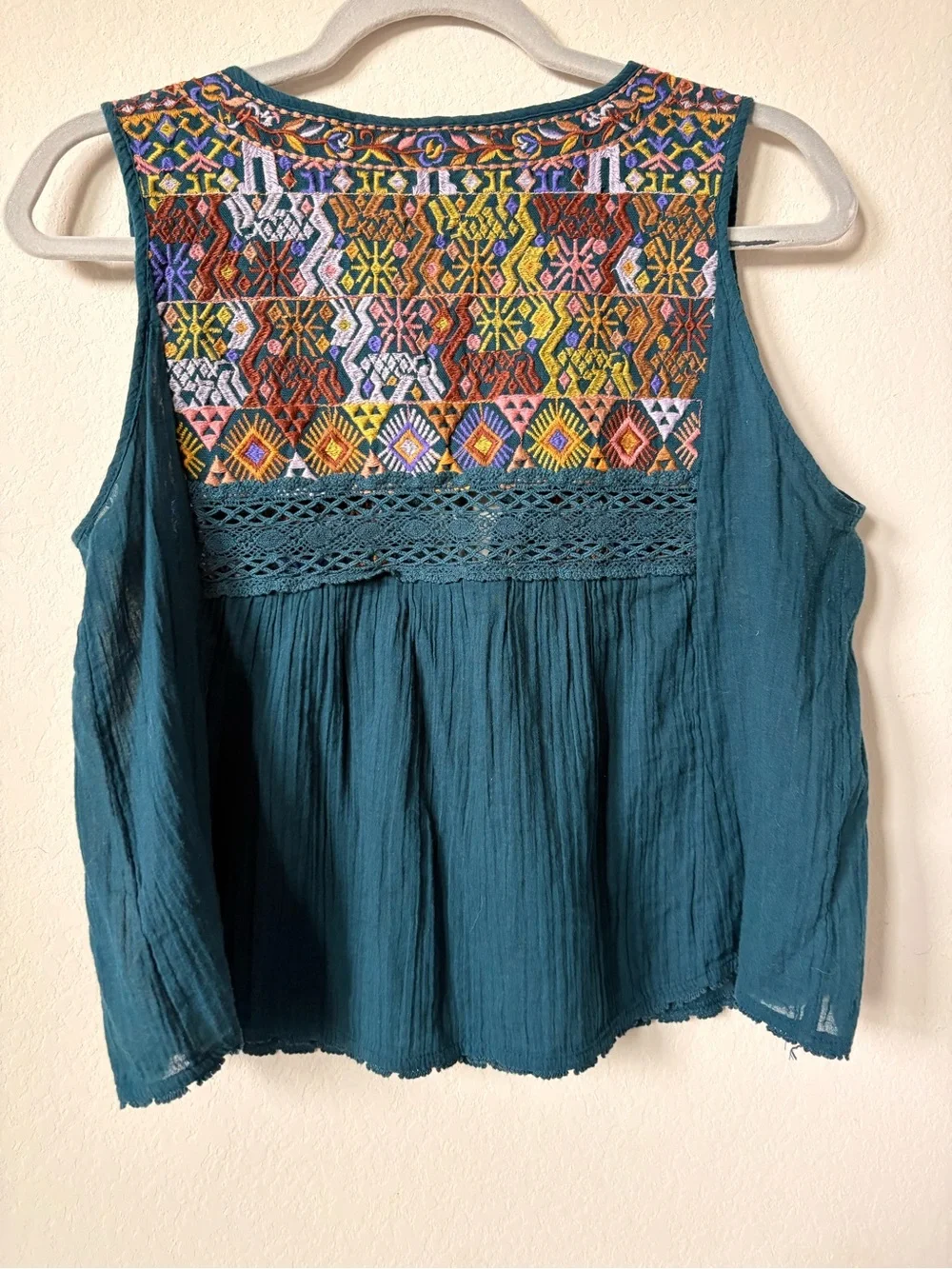 Free People Boho Embroidered Teal Sleeveless Peasant Top size small